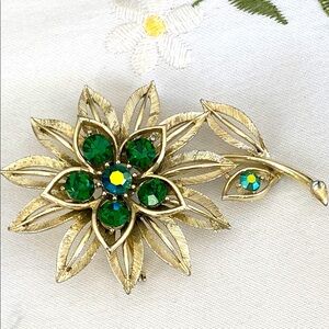Elegant Green and Gold Floral Brooch